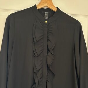 Forever 21 Black Ruffle Blouse with Gold Button Detail – Size Small